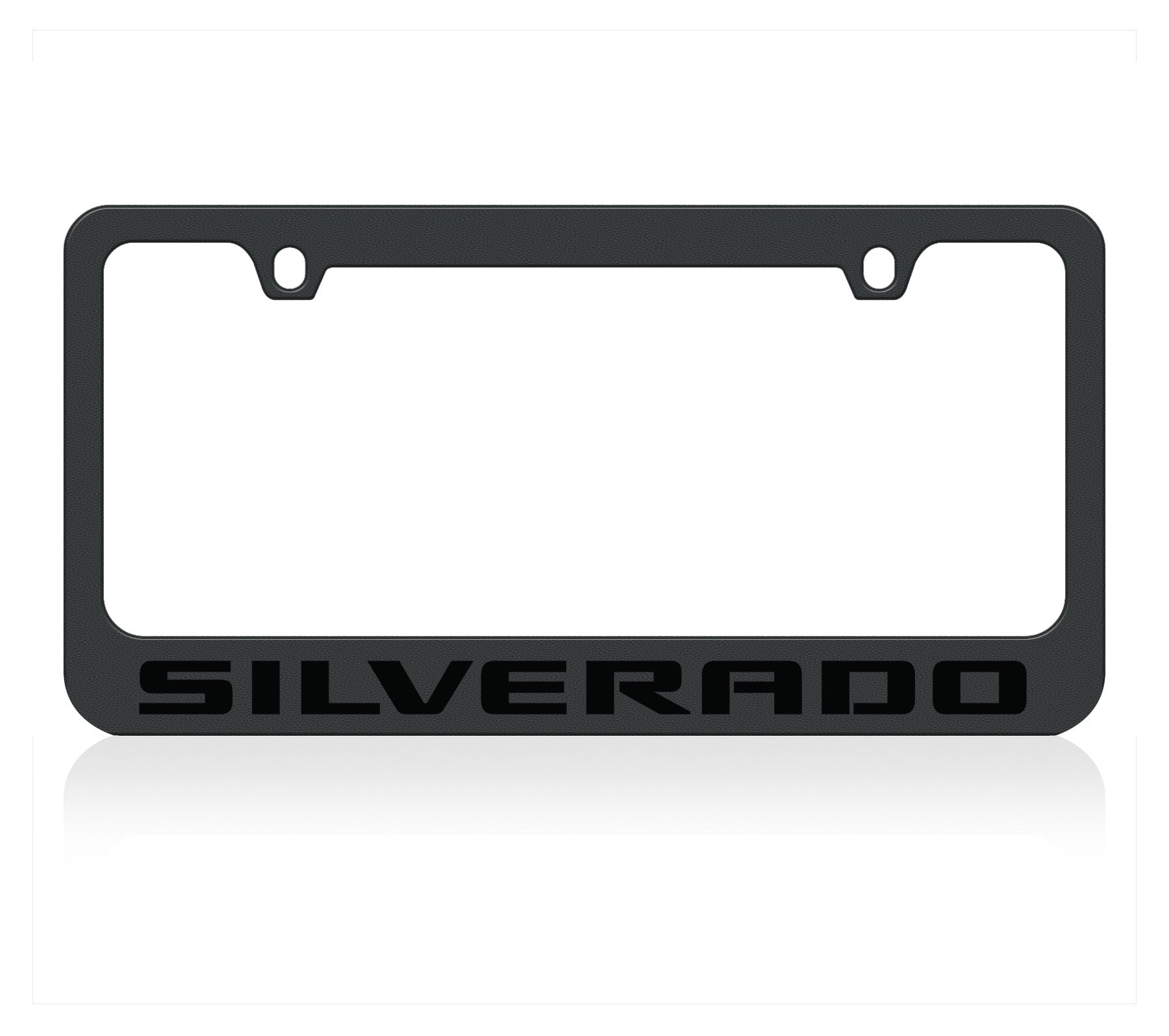 a black license plate frame with the word silverado on it