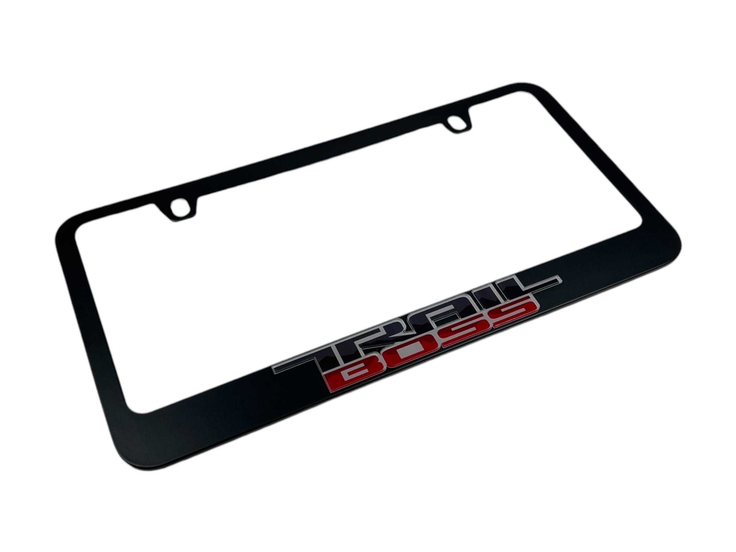 a black license plate frame with a red logo