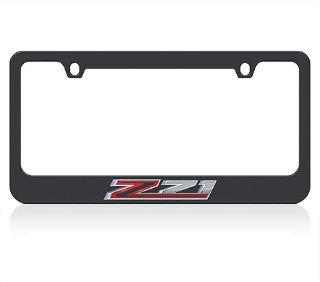 a black license plate frame with a zz logo