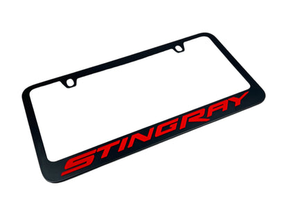 a black license plate with the word stingray on it