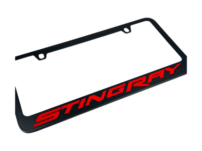 a black license plate frame with the word stingby on it