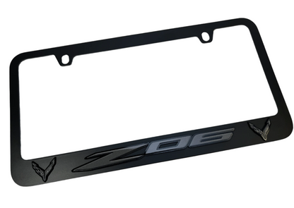 a black license plate frame with the logo of a car