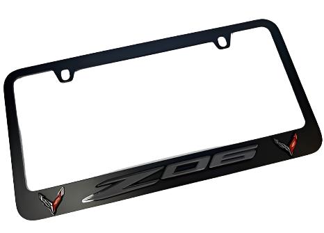 a black license plate frame with a red and white logo