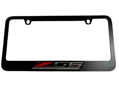 a black license plate frame with a red zig logo