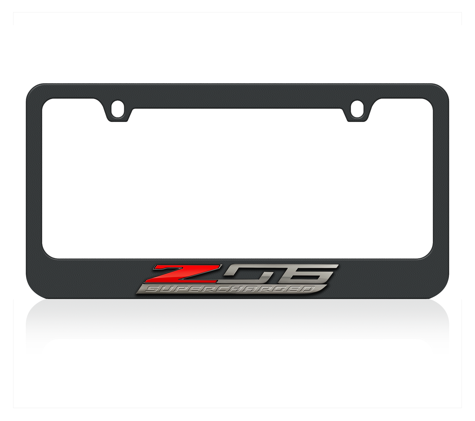 a black license plate frame with a red and black logo