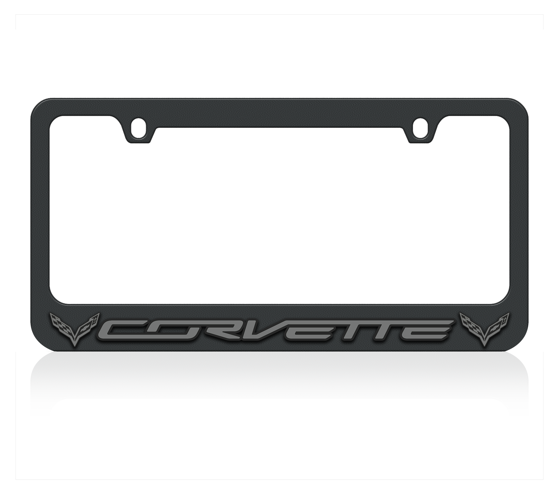 a black license plate frame with the word corvette on it