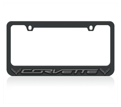 a black license plate frame with the word corvette on it