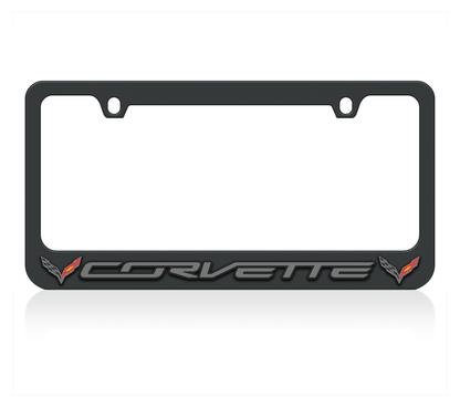 a black license plate frame with the word corvette on it