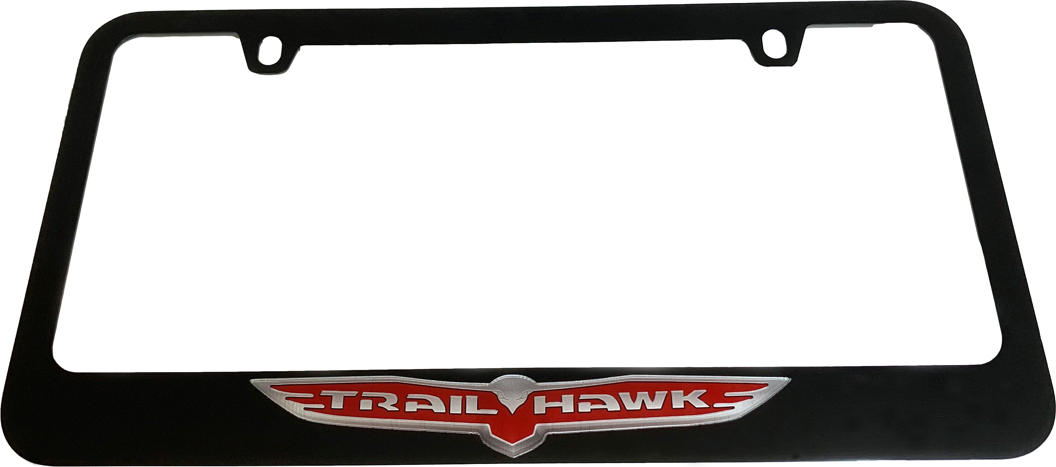 a black license plate frame with a red and white logo