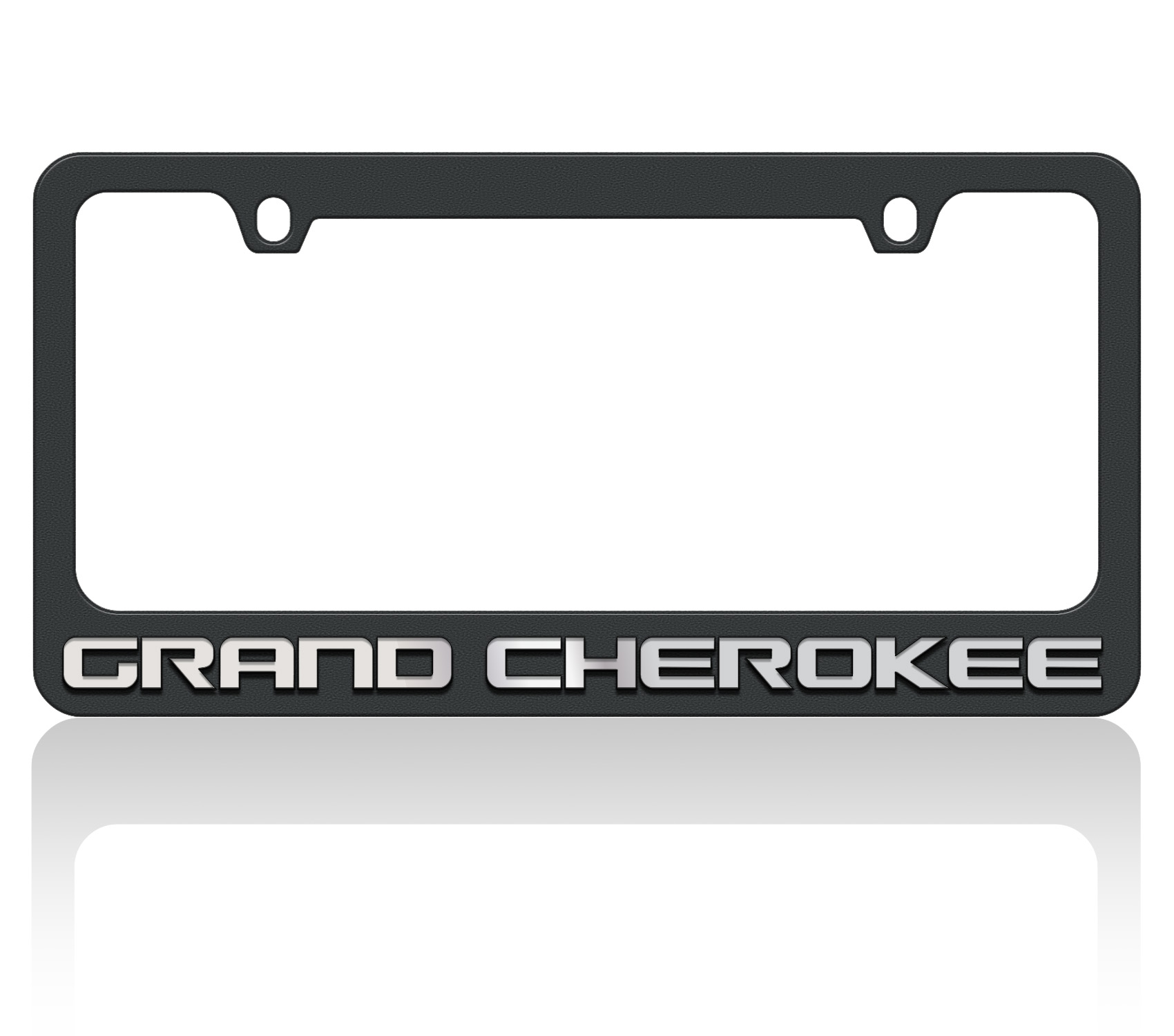 a black license plate frame with the words grand cherokee