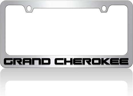 a chrome license plate frame with the word grand cherokee