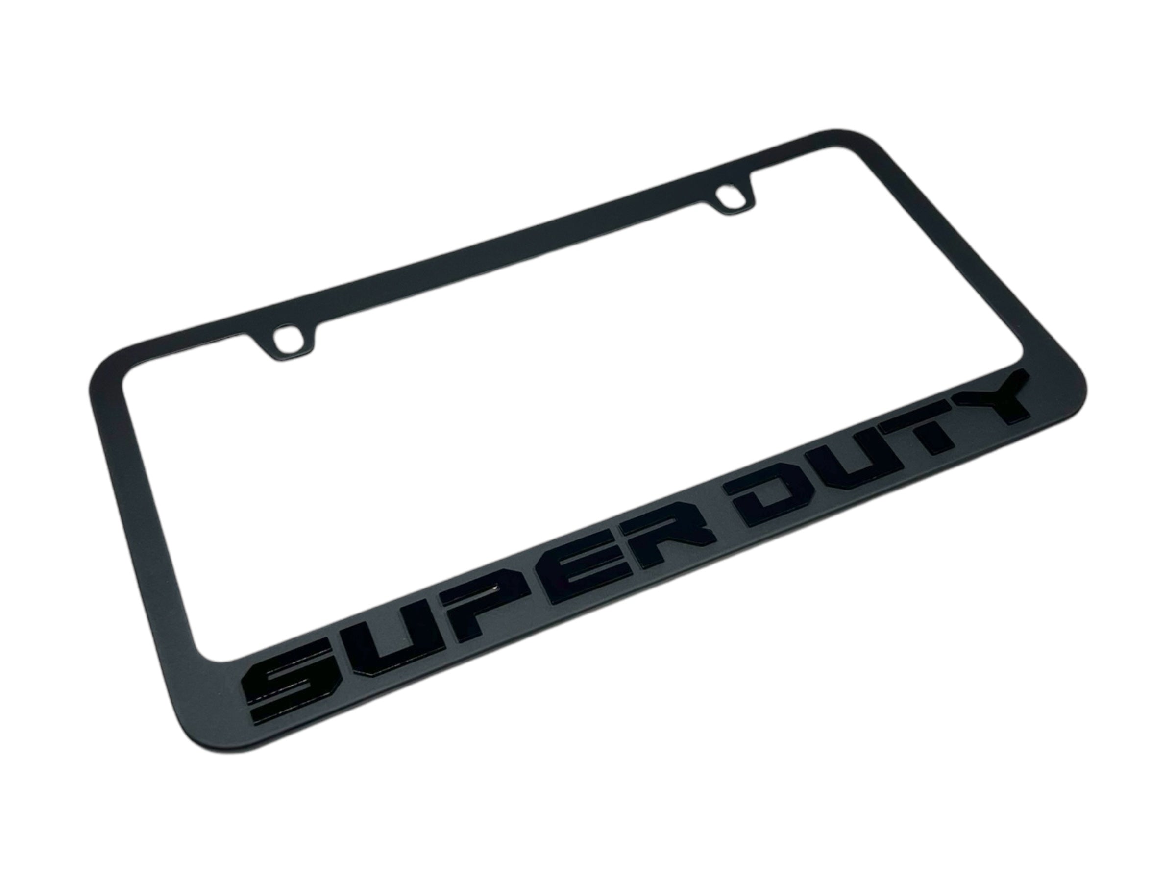 a black license plate frame with the word super duty on it