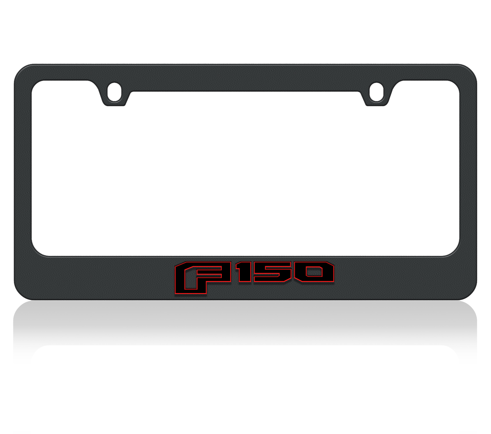 a black license plate frame with a red logo