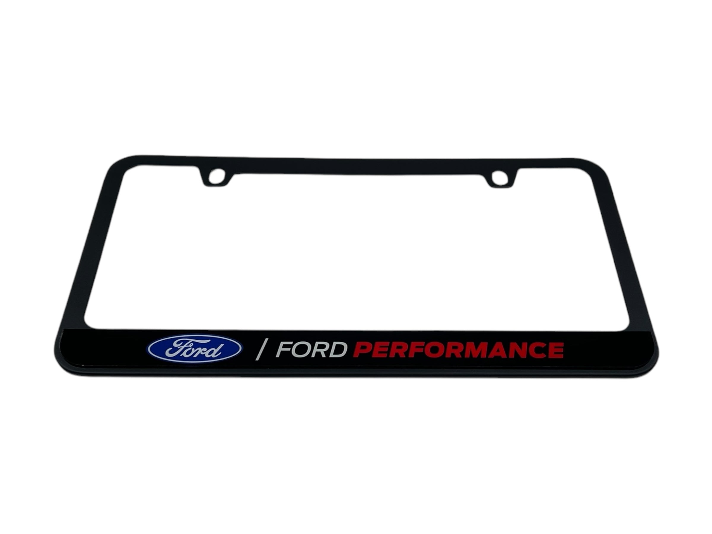 a black license plate frame with the ford performance logo