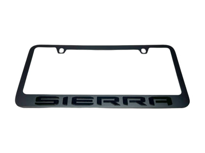 a black license plate frame with the word sierra on it