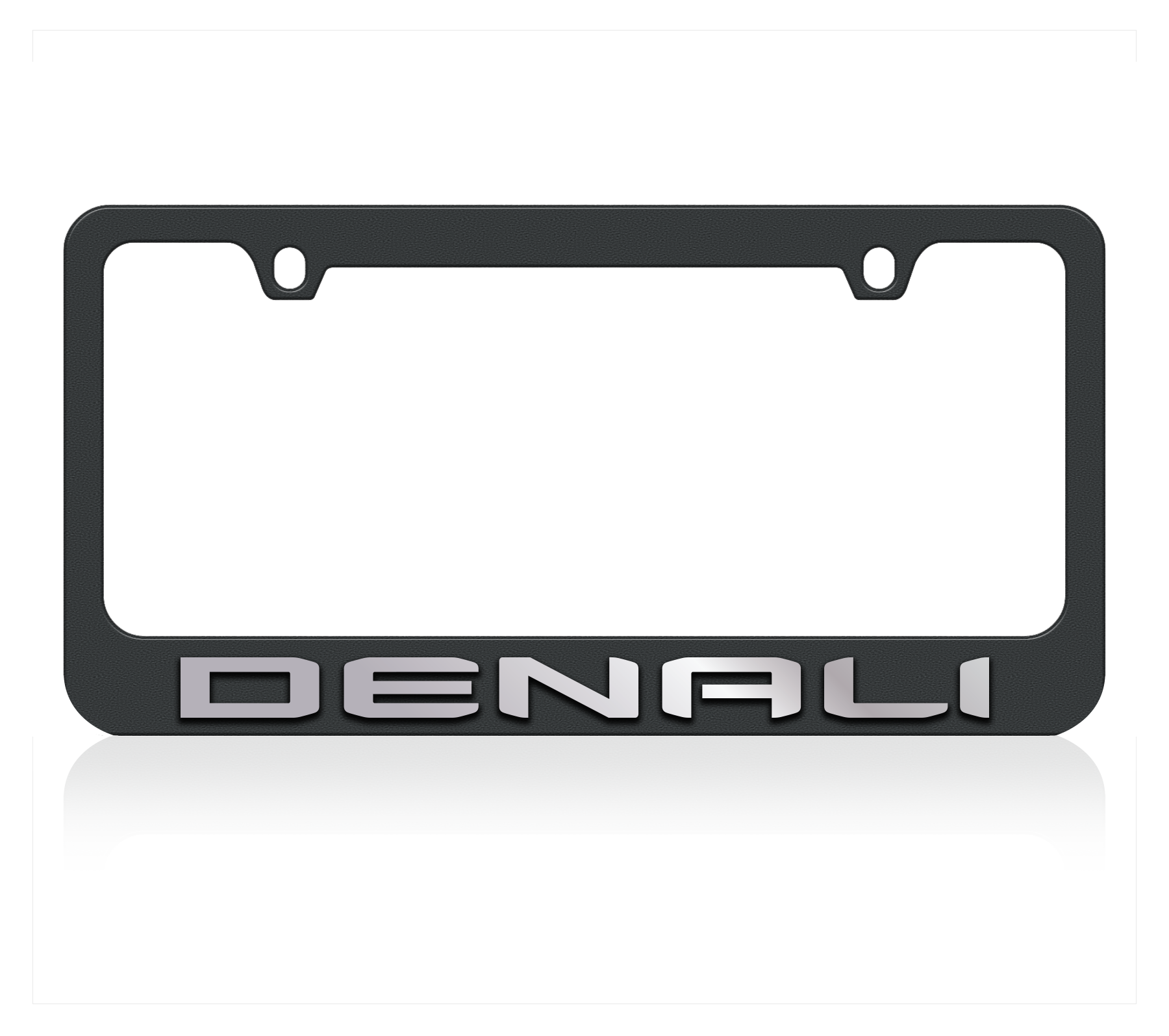 a black license plate frame with the word denali on it