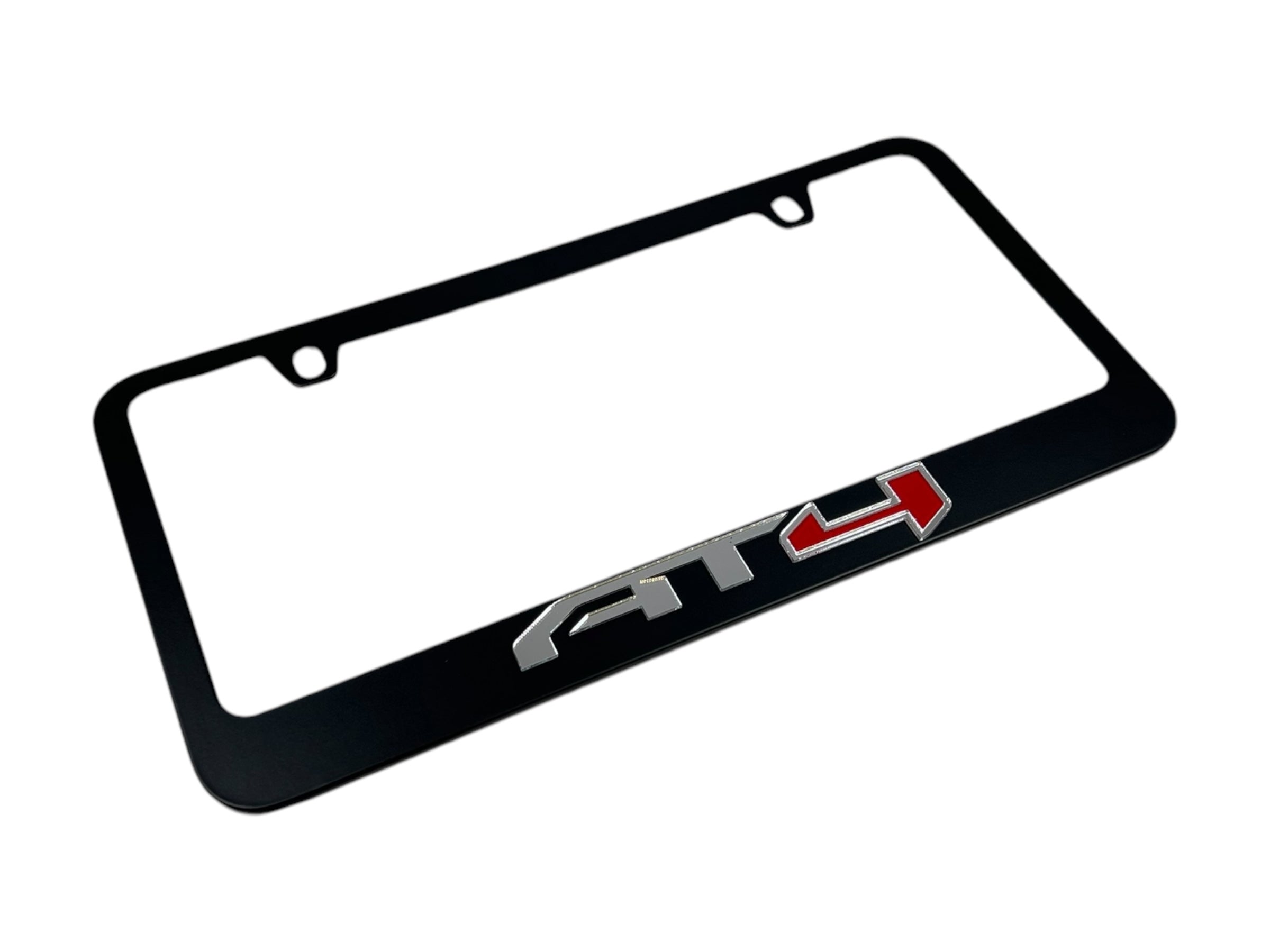 a black license plate frame with a red logo