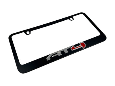a black license plate frame with a red logo