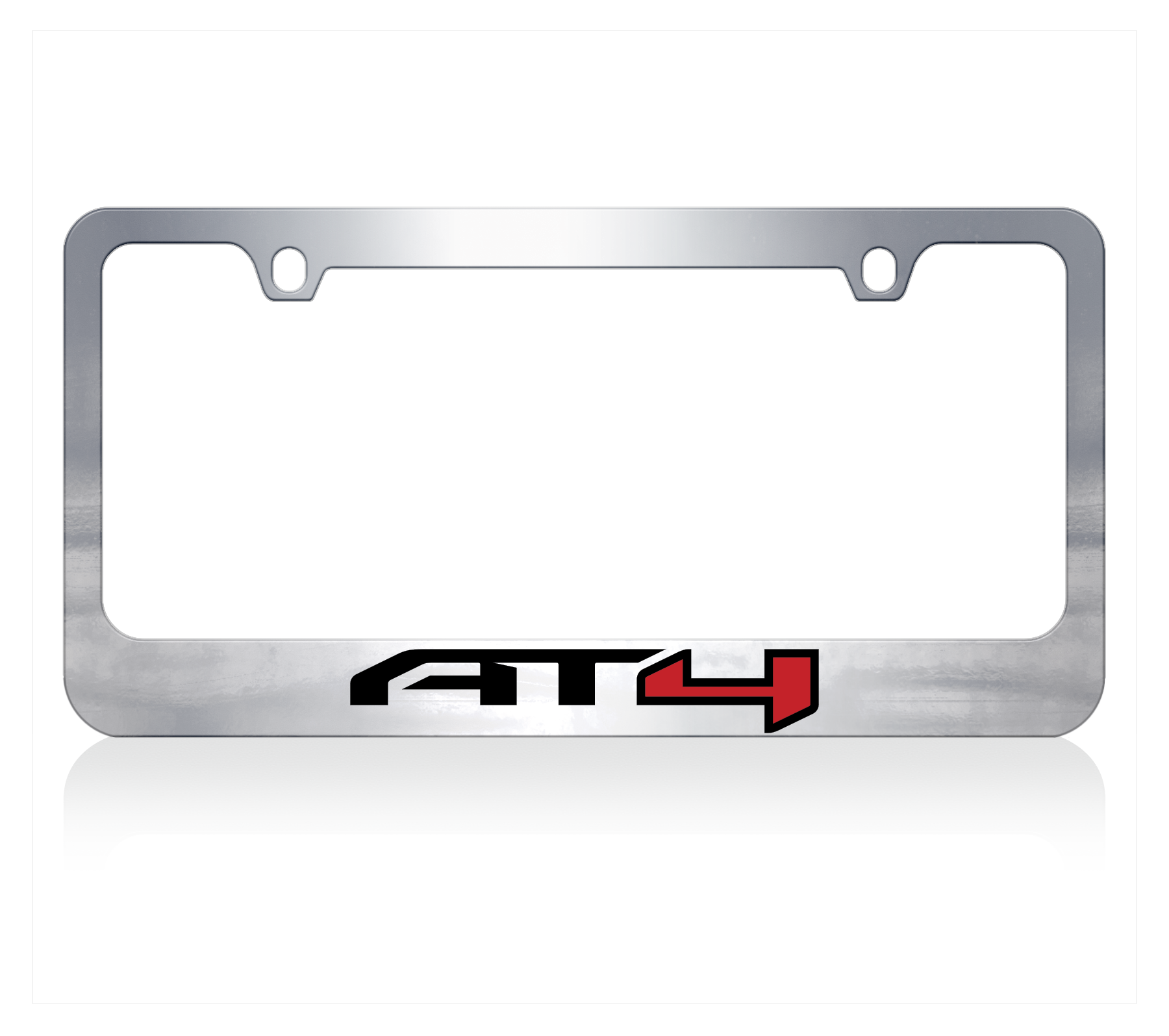 a chrome license plate frame with a red and black logo