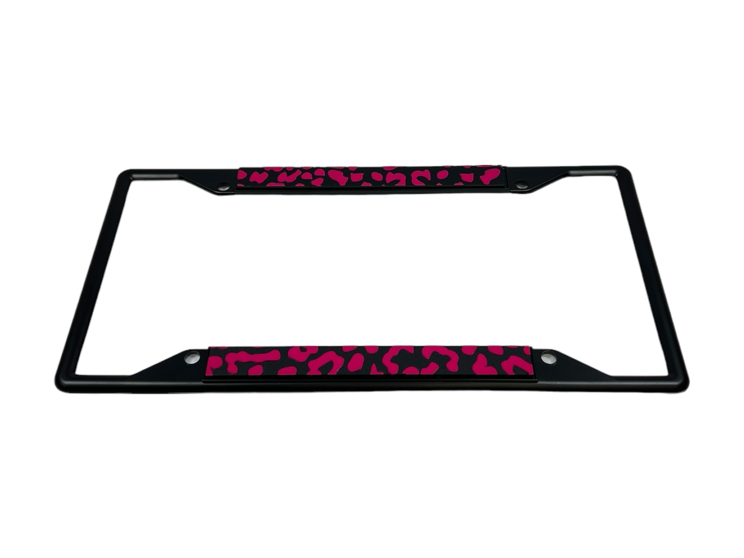 a pink and black leopard print license plate frame