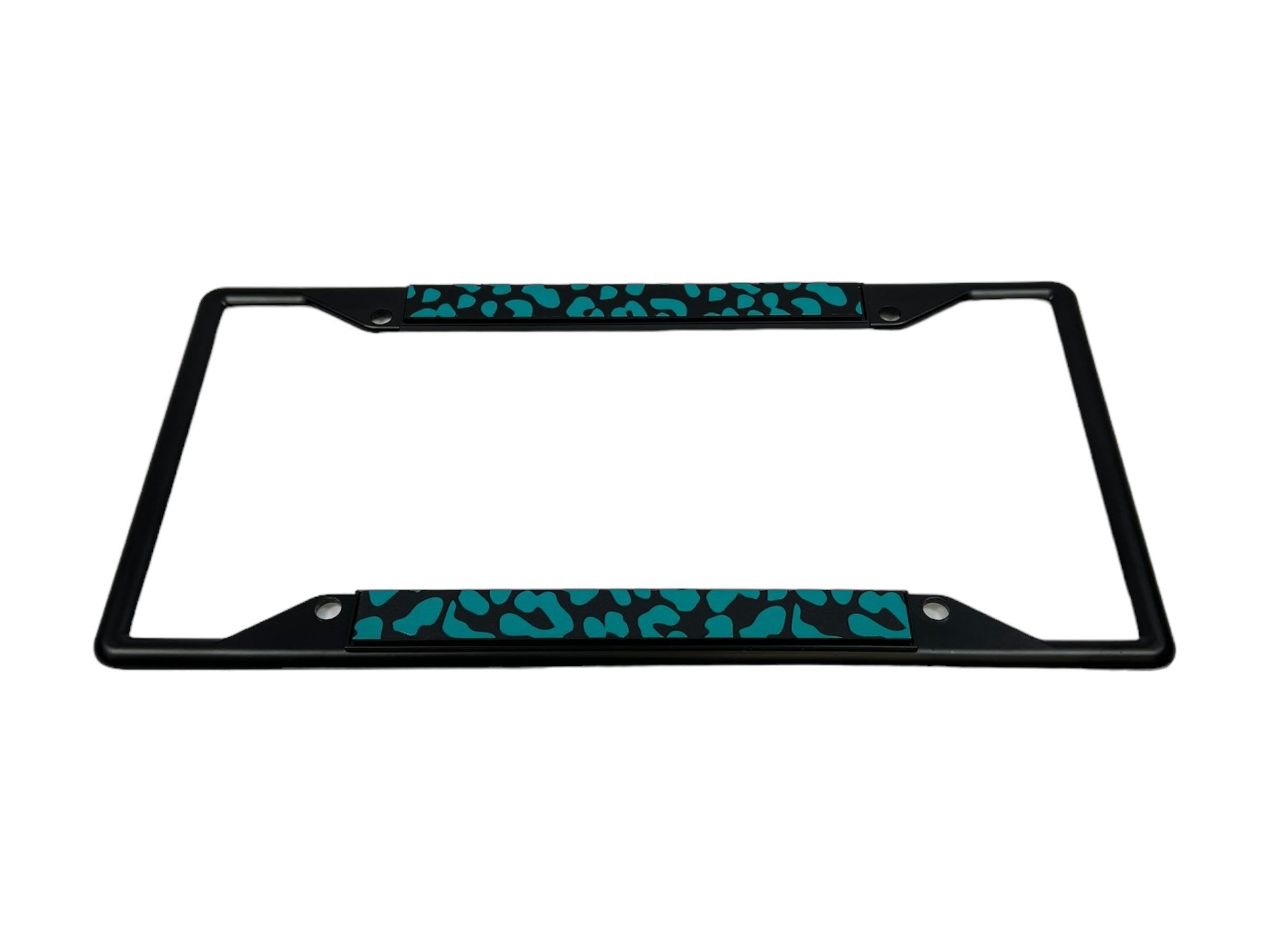 a blue and black leopard print license plate holder