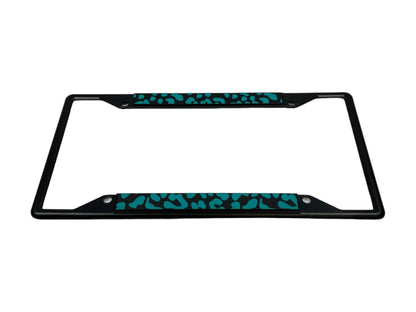 a blue and black leopard print license plate holder