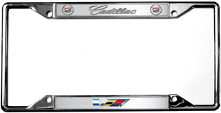 a chrome license plate frame with the word cadillac on it