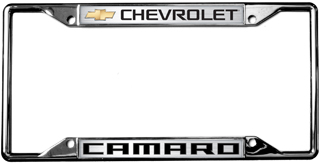 a chrome license plate frame with a chevrolet logo