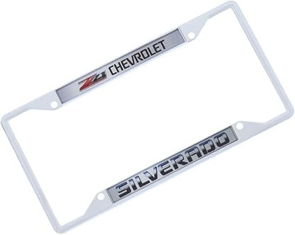 two chrome license plates with chevrolet logo