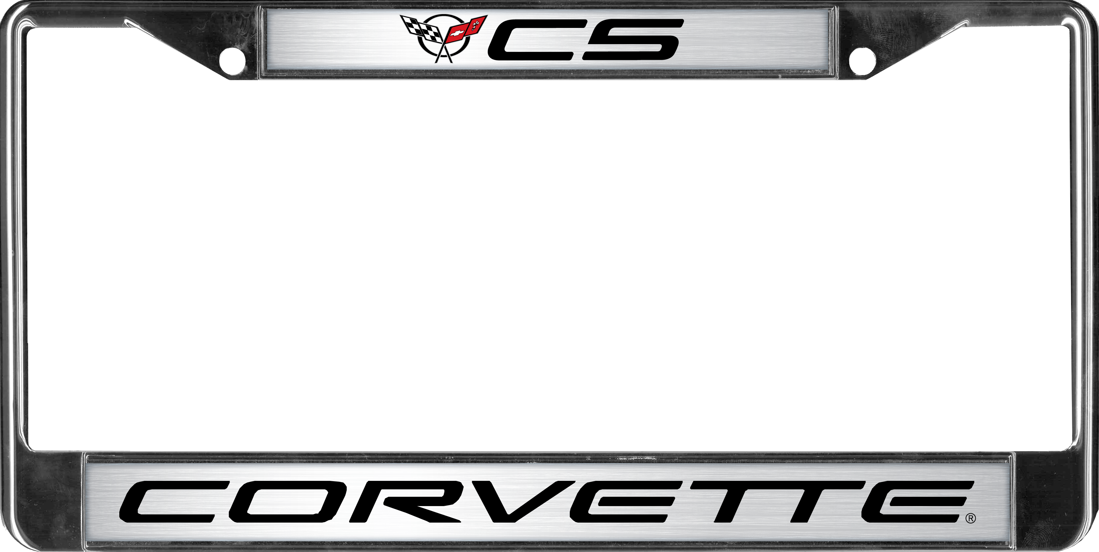 a chrome license plate frame with the word corvette on it