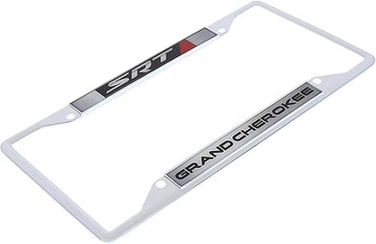 a white license plate frame with a red and black logo