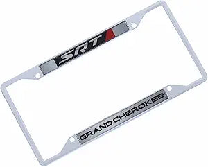 a white license plate frame with a red and black logo