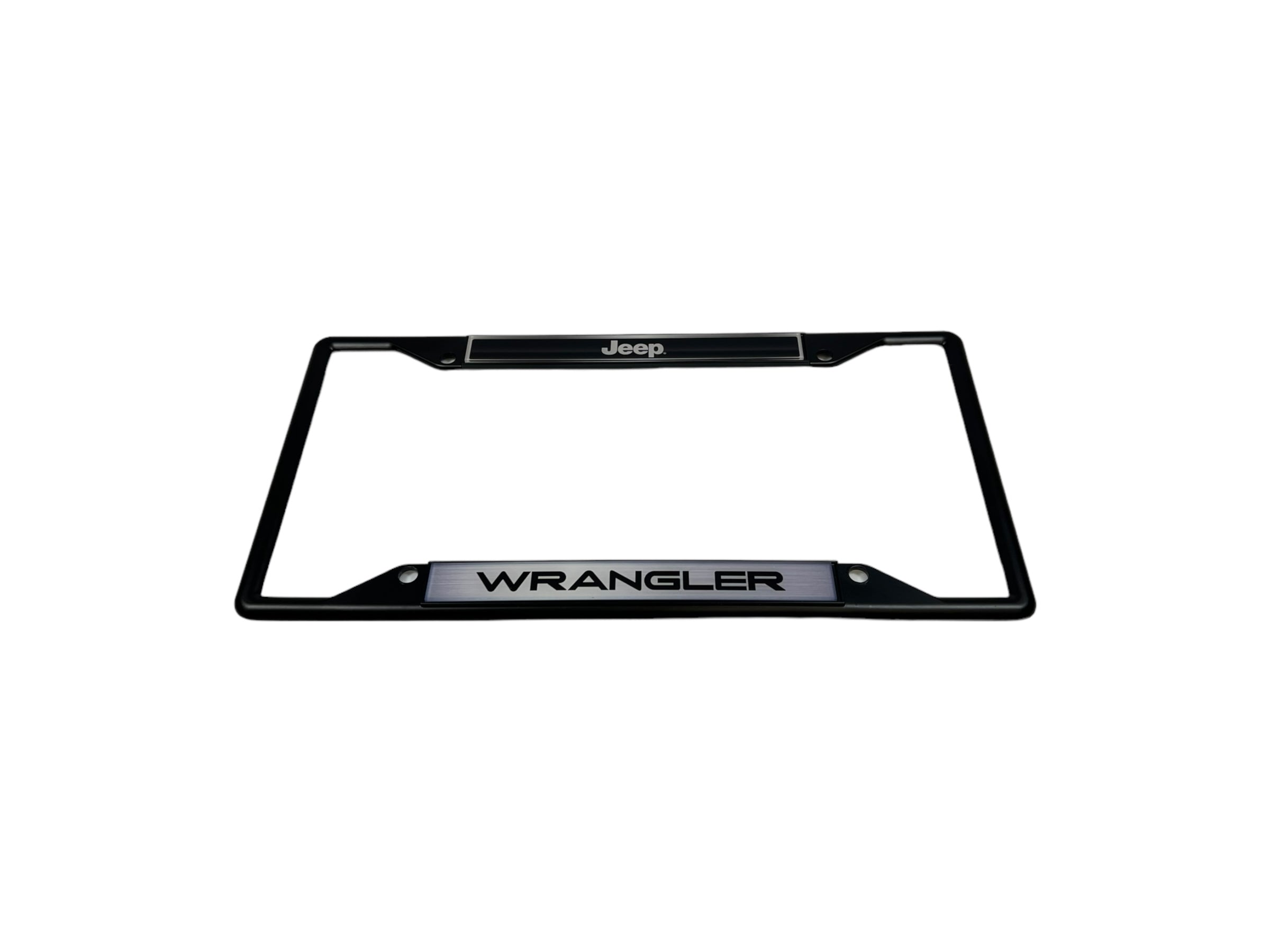 a black license plate frame with the word wrangler on it