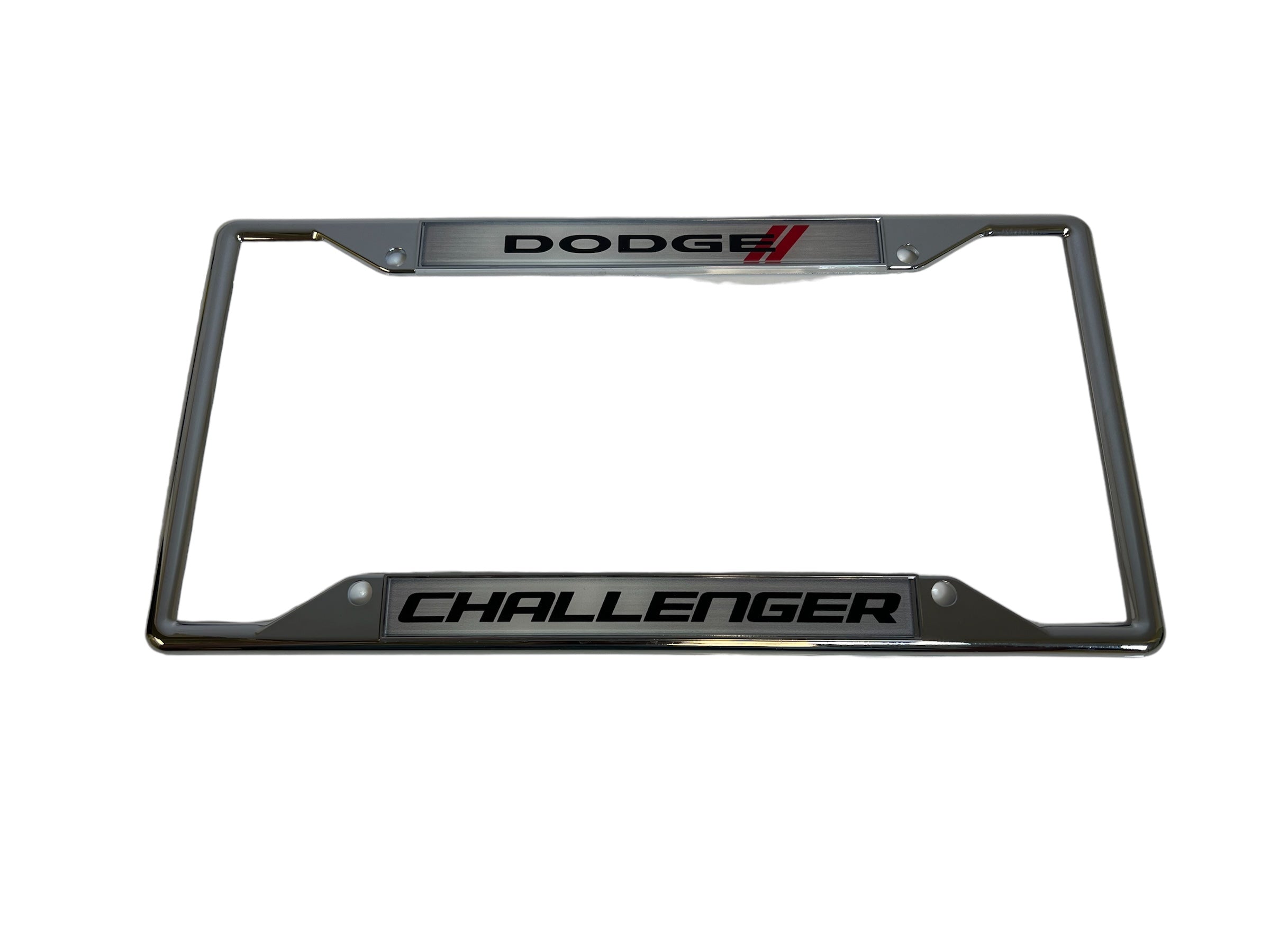 a chrome license plate frame with a dodge logo