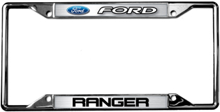 a chrome license plate frame with the ford logo