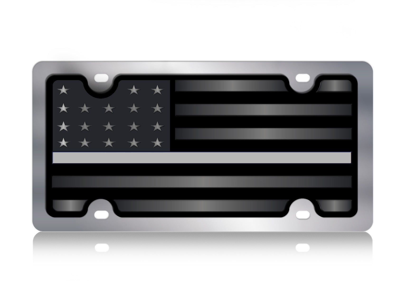 Blacked Out USA Flag Thin Gray Line Stainless Steel License Plate