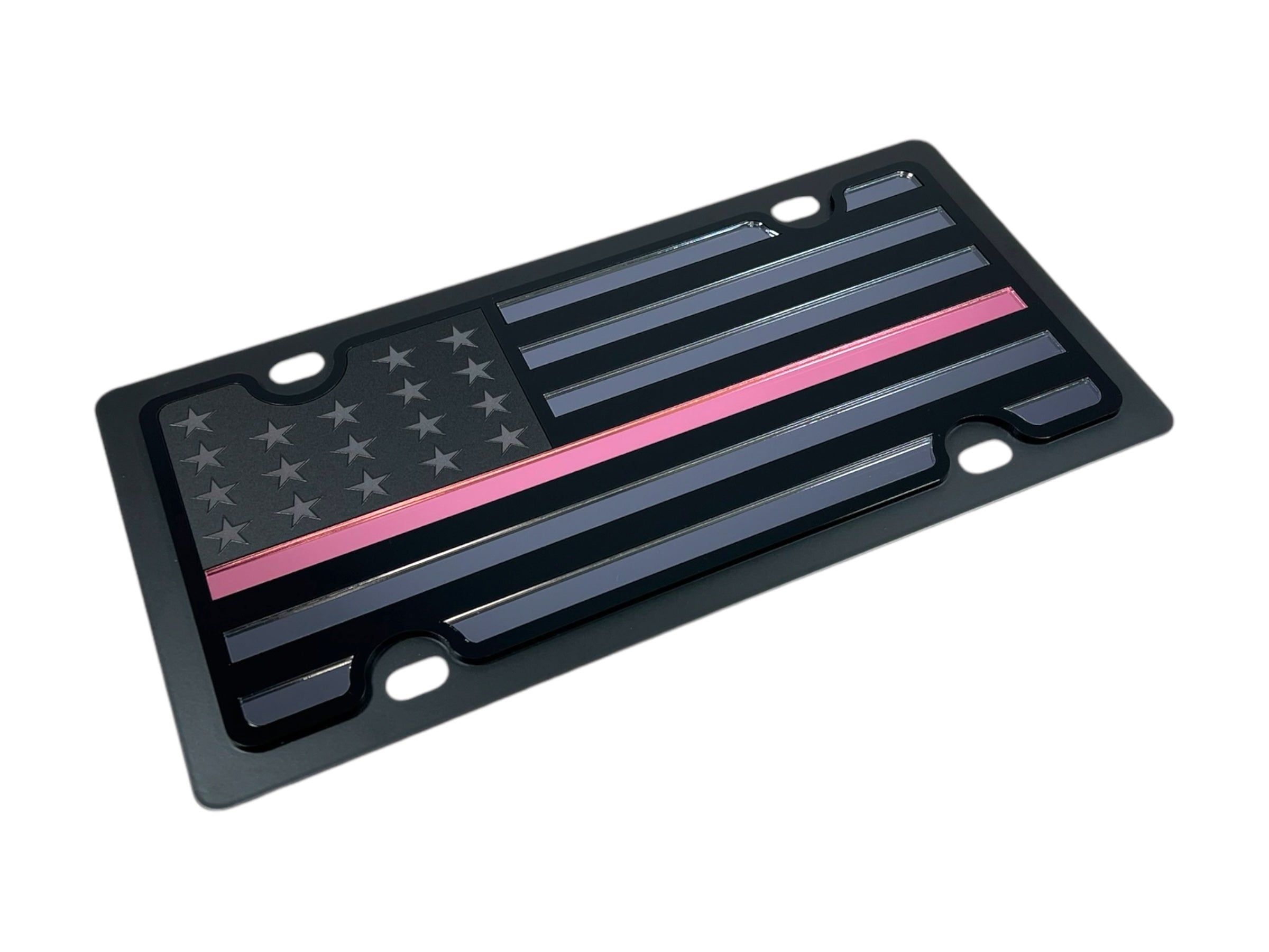 Blacked Out USA Flag Pink Thin Line Carbon Steel License Plate