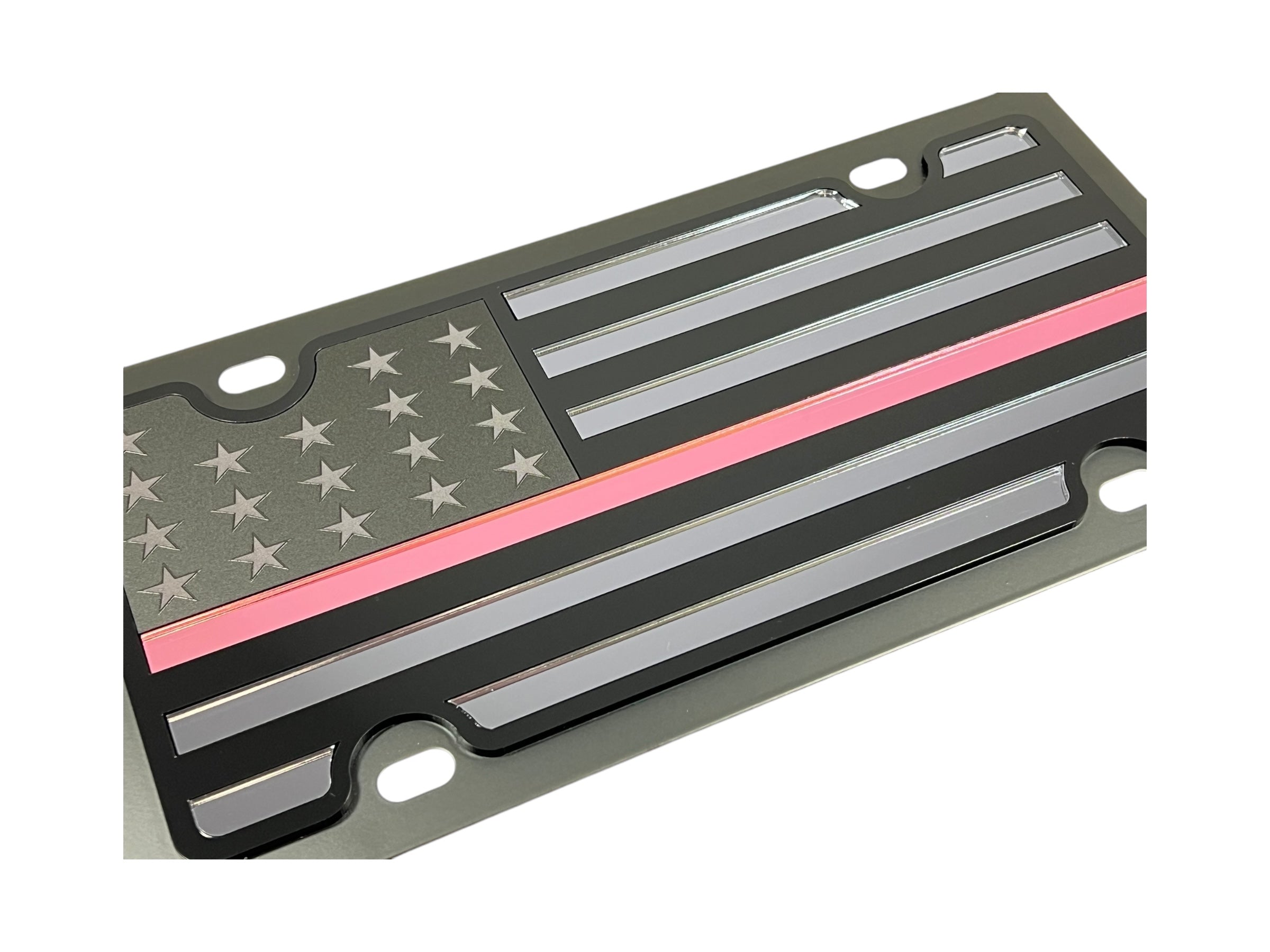 Blacked Out USA Flag Pink Thin Line Carbon Steel License Plate