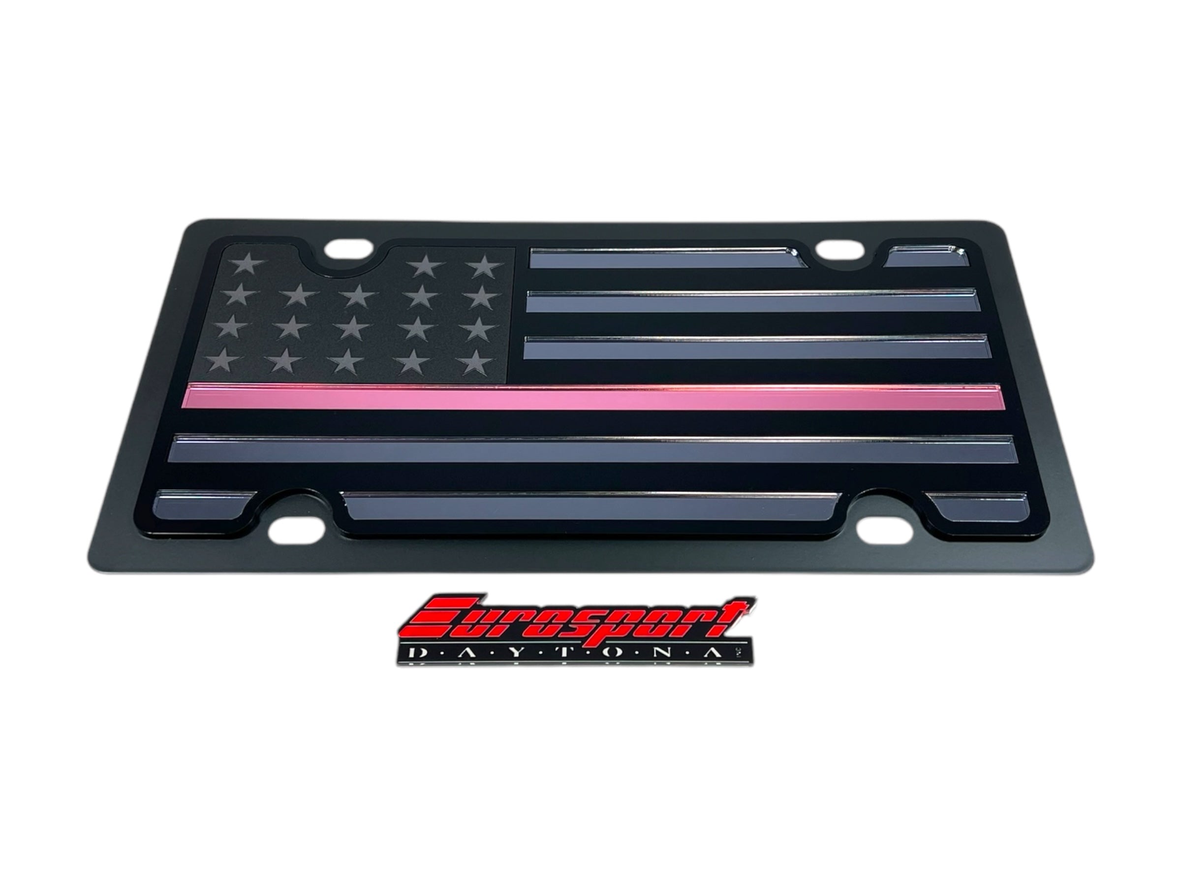 Blacked Out USA Flag Pink Thin Line Carbon Steel License Plate