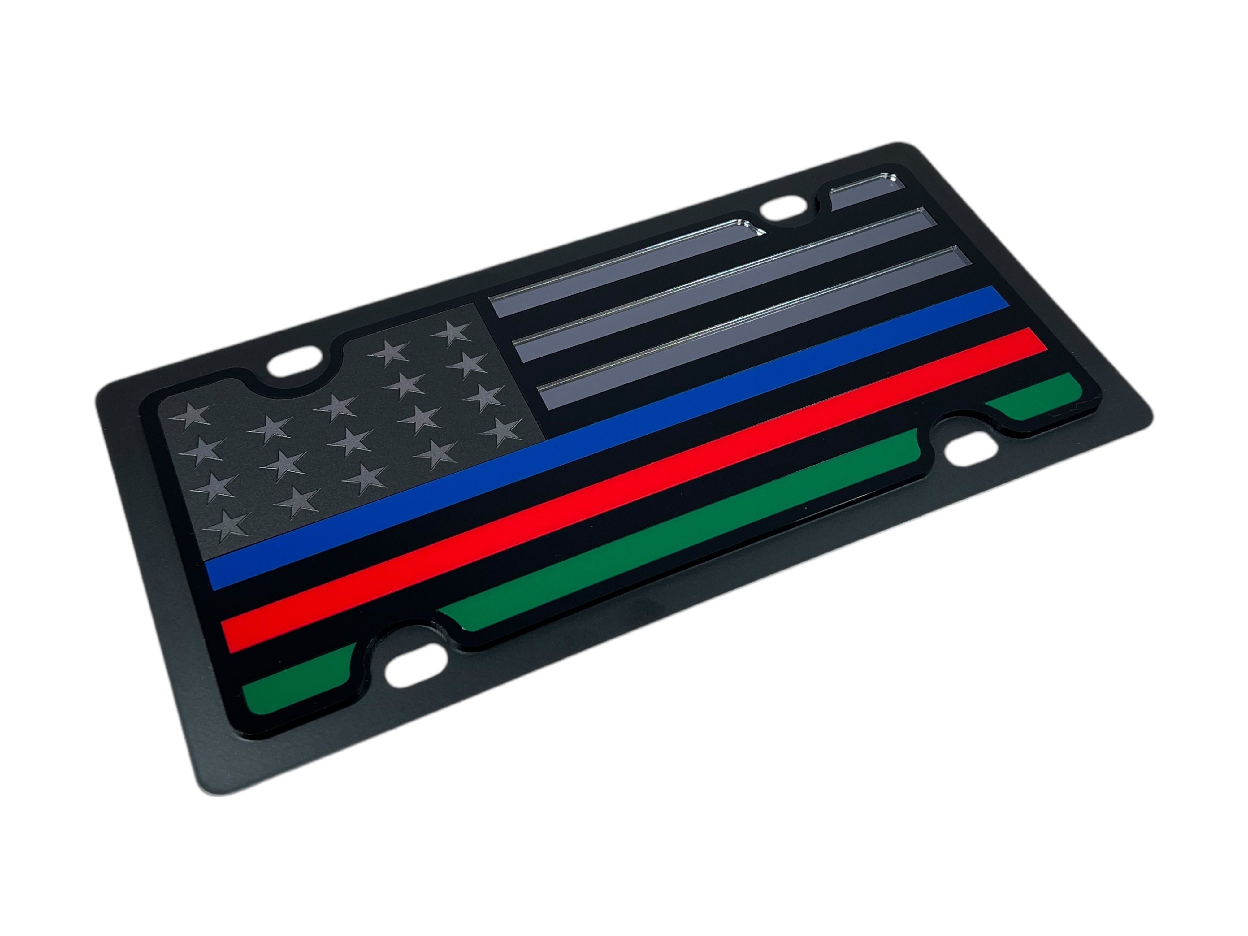 Black USA Flag Three Thin Line Carbon Steel License Plate