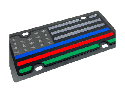 Black USA Flag Three Thin Line Carbon Steel License Plate