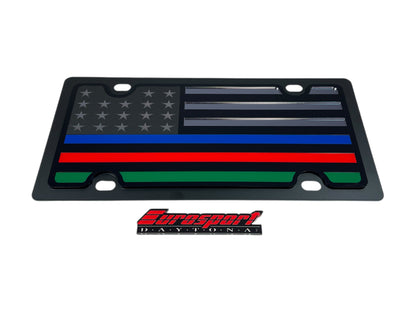 Black USA Flag Three Thin Line Carbon Steel License Plate