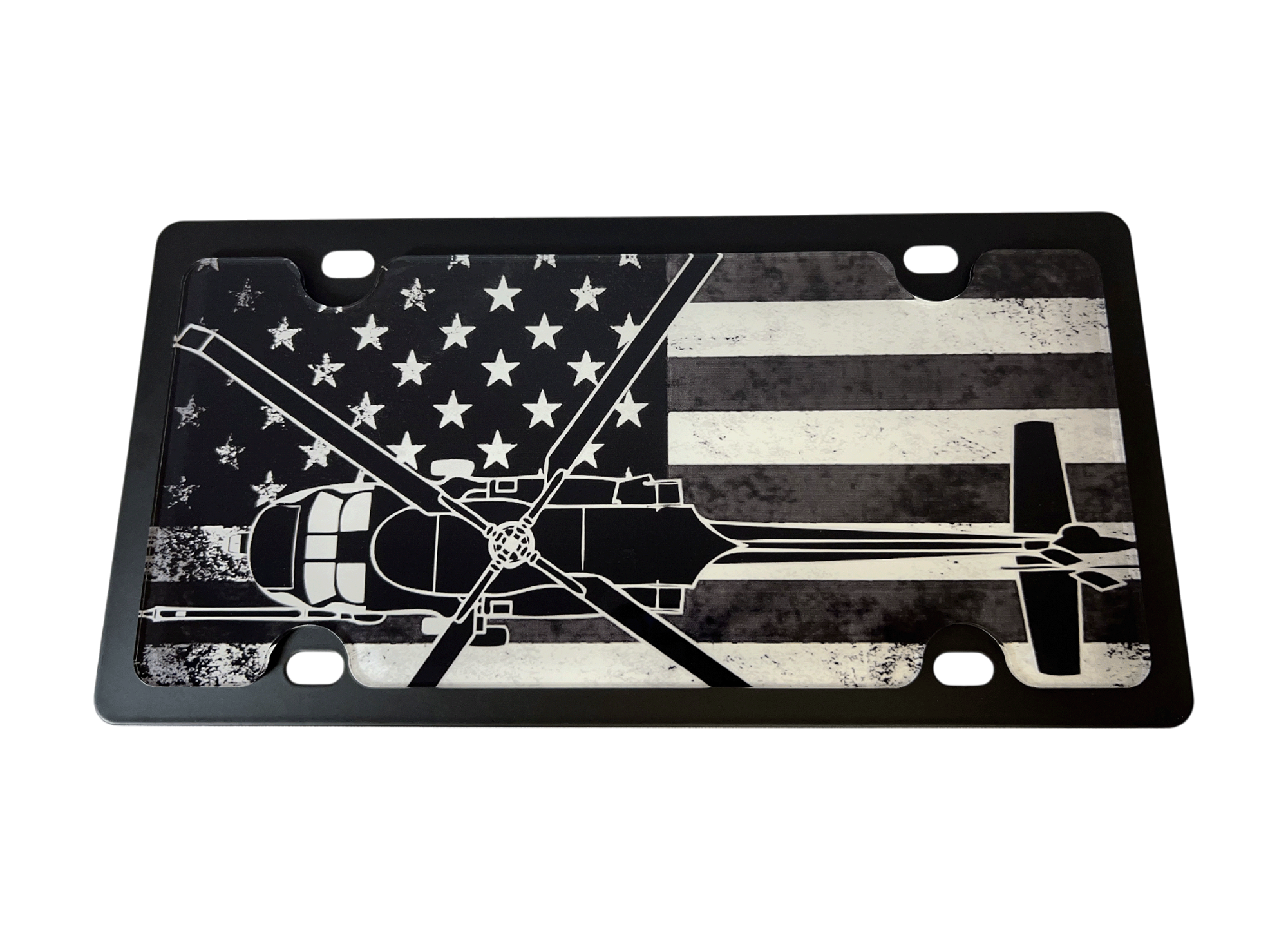 Blacked Out USA Flag Black Hawk Carbon Steel License Plate