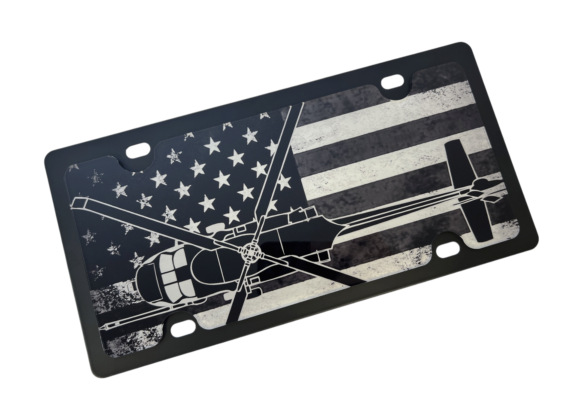 Blacked Out USA Flag Black Hawk Carbon Steel License Plate