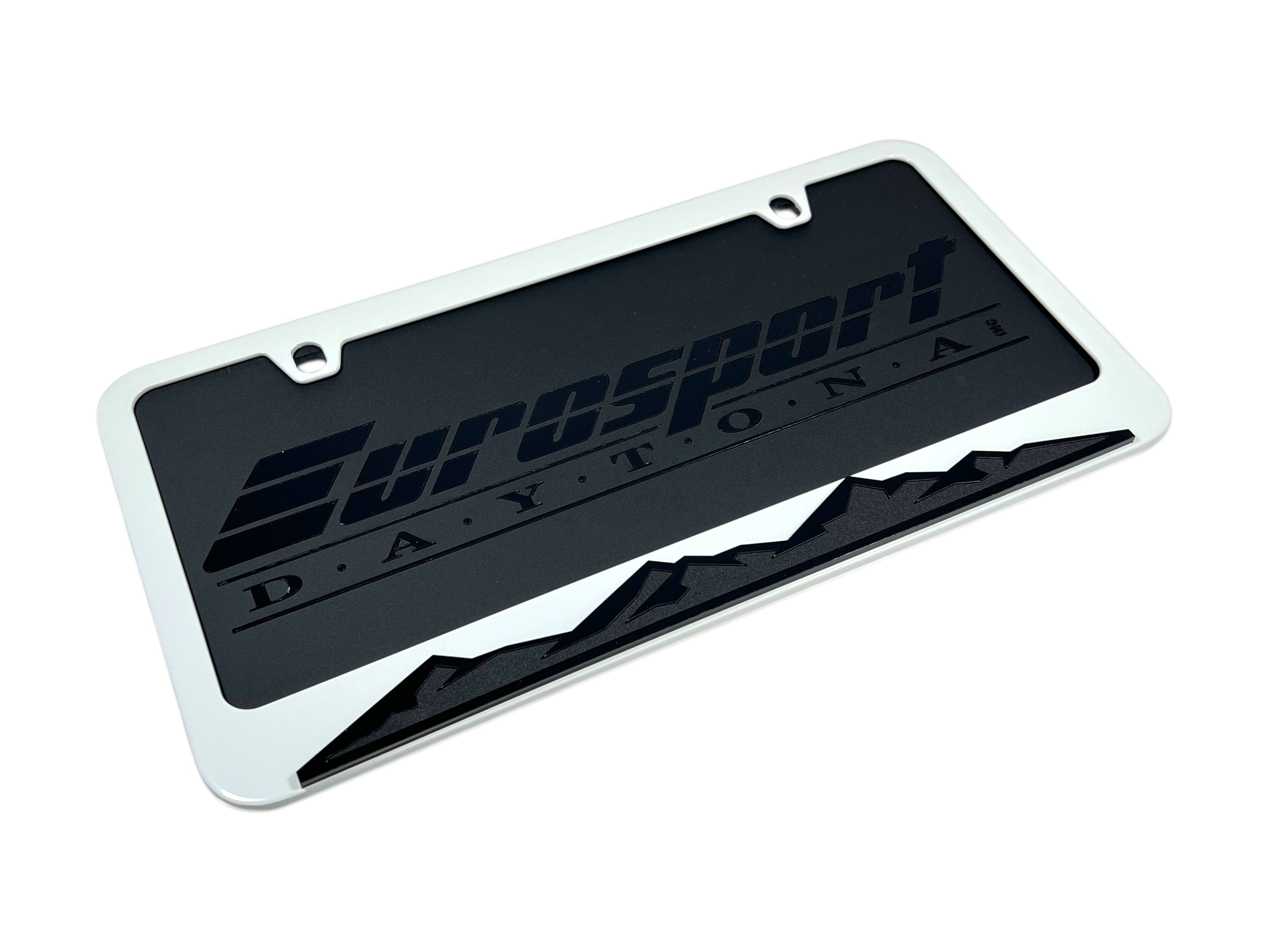 Blacked Out Mountain Range White License Plate Frame