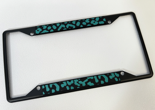 Teal Leopard Print Black License Plate Frame